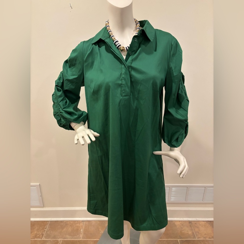 Chico’s Green Cotton Blend Pleated Sleeve Popover Shirt Dress, 1 (size 8) - Picture 2 of 10